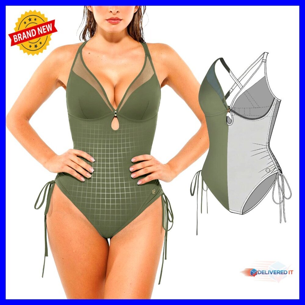 Tummy Control One Piece Swimsuit with Shapewear Mesh Cutouts Adjustable Straps - Picture 1 of 7